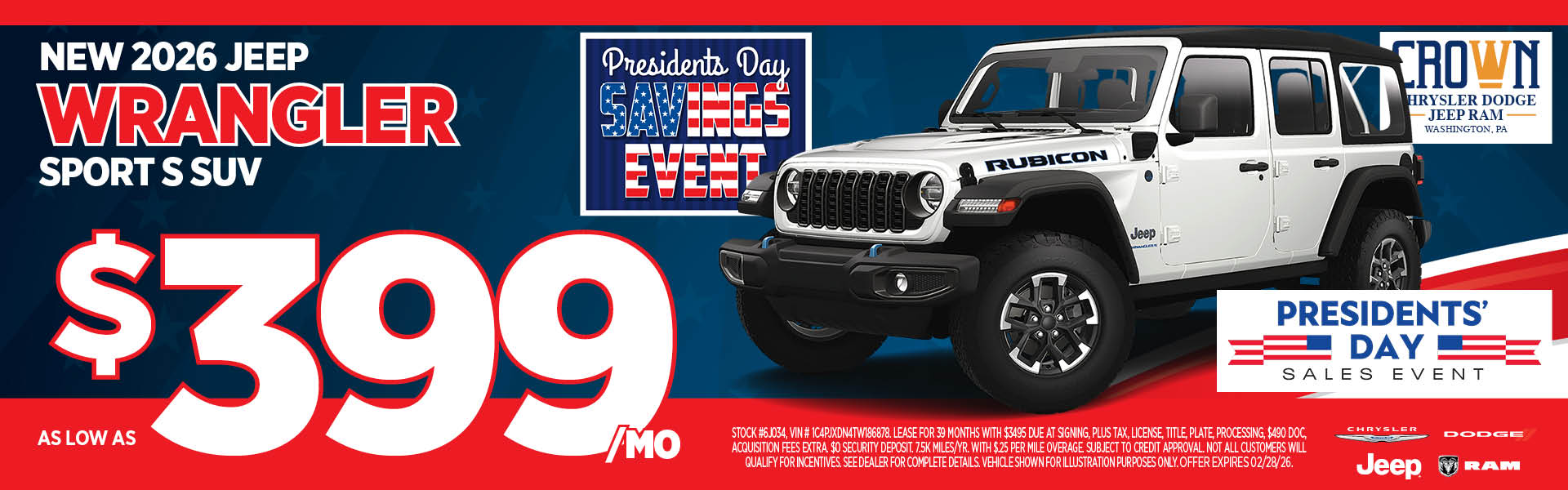 New 2026 Jeep Wrangler Sport S SUV Lease as low as $399/mo.